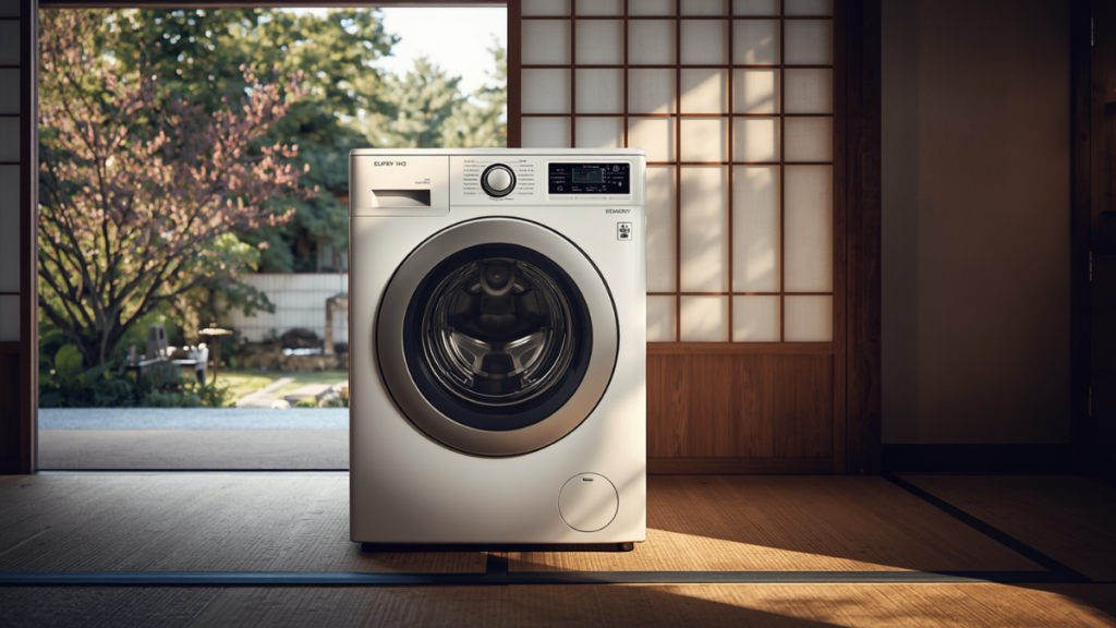 実家の和室(脱衣所の手前)に運び込まれたドラム式洗濯機。自立した同居人としての最初の設備投資。